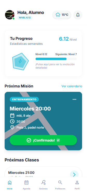 App del alumno en RootCoach con su progreso